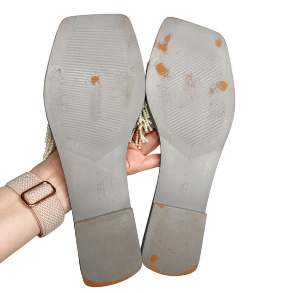 Zara Light Blue Pearl Beads Leather Slides Size 40/9.5 - Picture 6 of 8